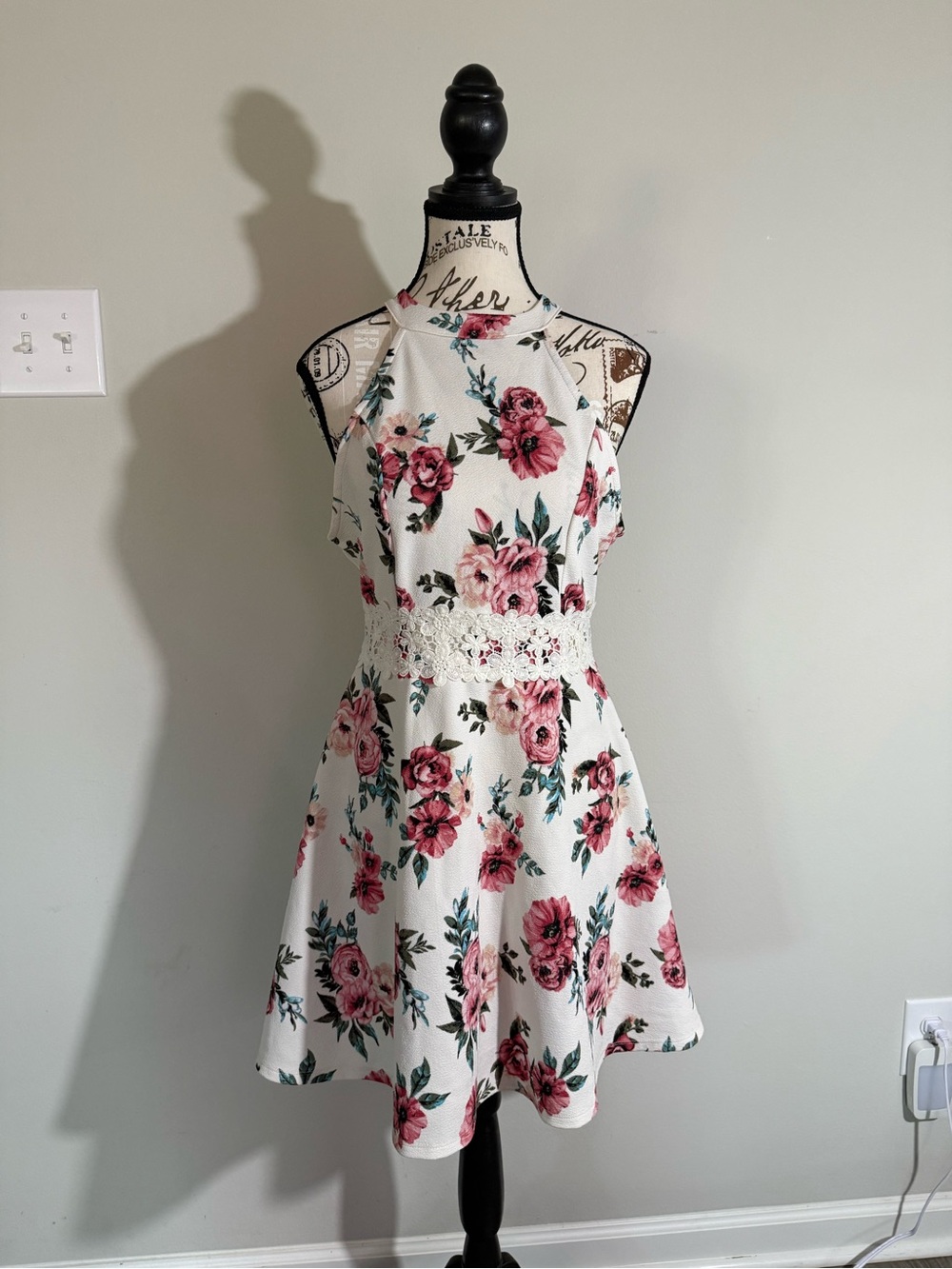 No Boundaries White Floral Halter Mini Dress with Lace Waist